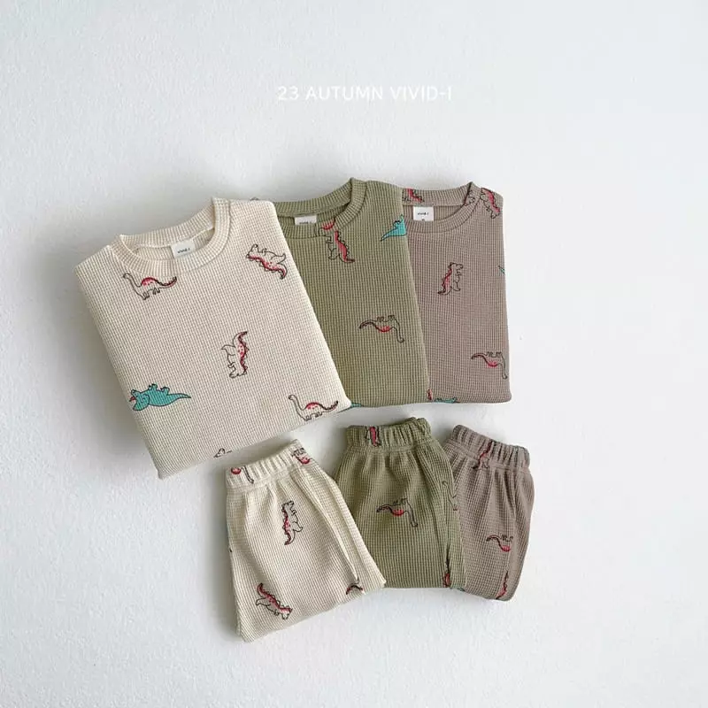Vivid I - Korean Children Fashion - #todddlerfashion - Dino Waffle Top Bottom Set
