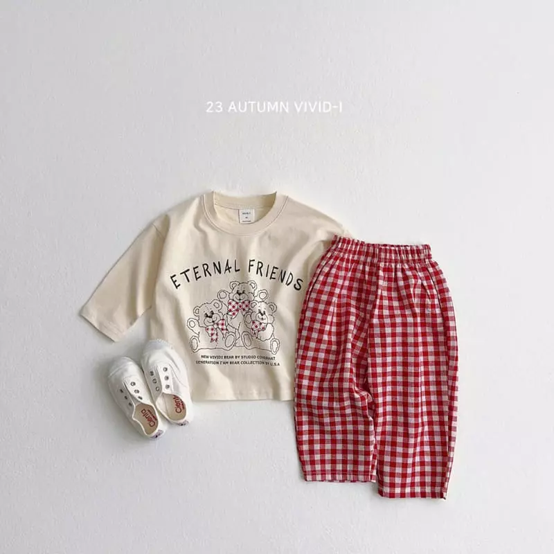 Vivid I - Korean Children Fashion - #toddlerclothing - Check Bear Top Bottom Set - 3