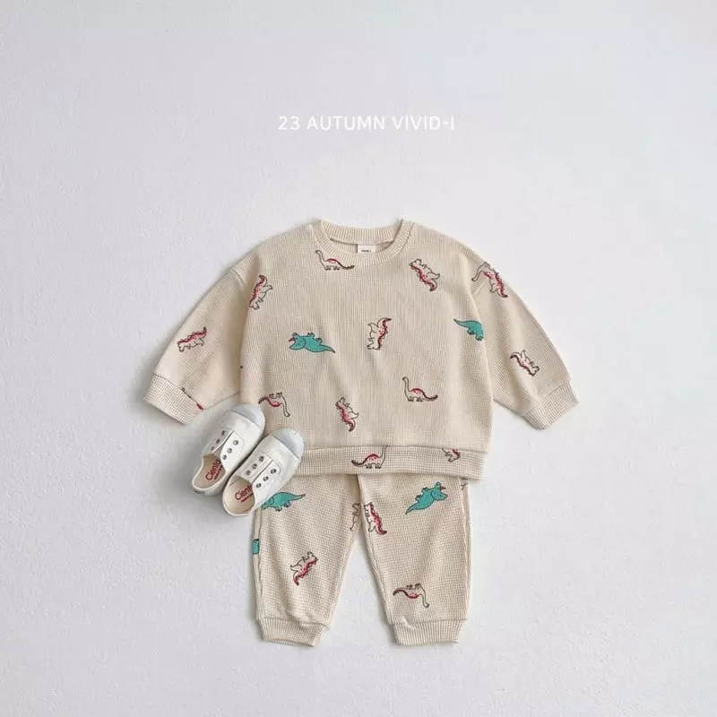 Vivid I - Korean Children Fashion - #toddlerclothing - Dino Waffle Top Bottom Set - 2