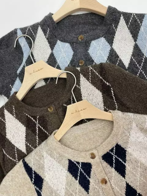 Adaze - Korean Women Fashion - #momslook - Dinning Argyle Cardigan