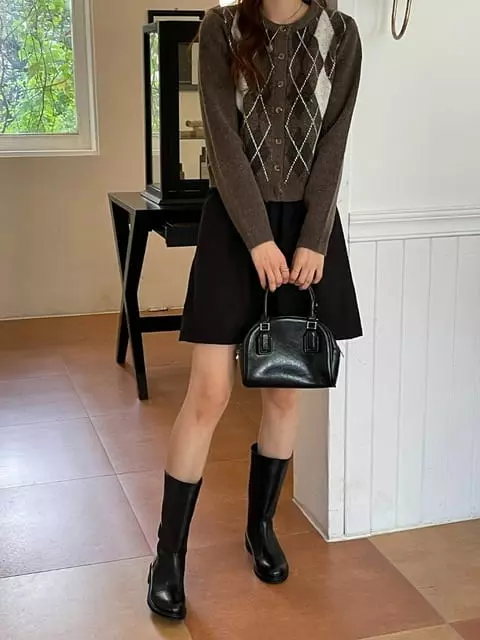 Adaze - Korean Women Fashion - #romanticstyle - Dinning Argyle Cardigan - 8