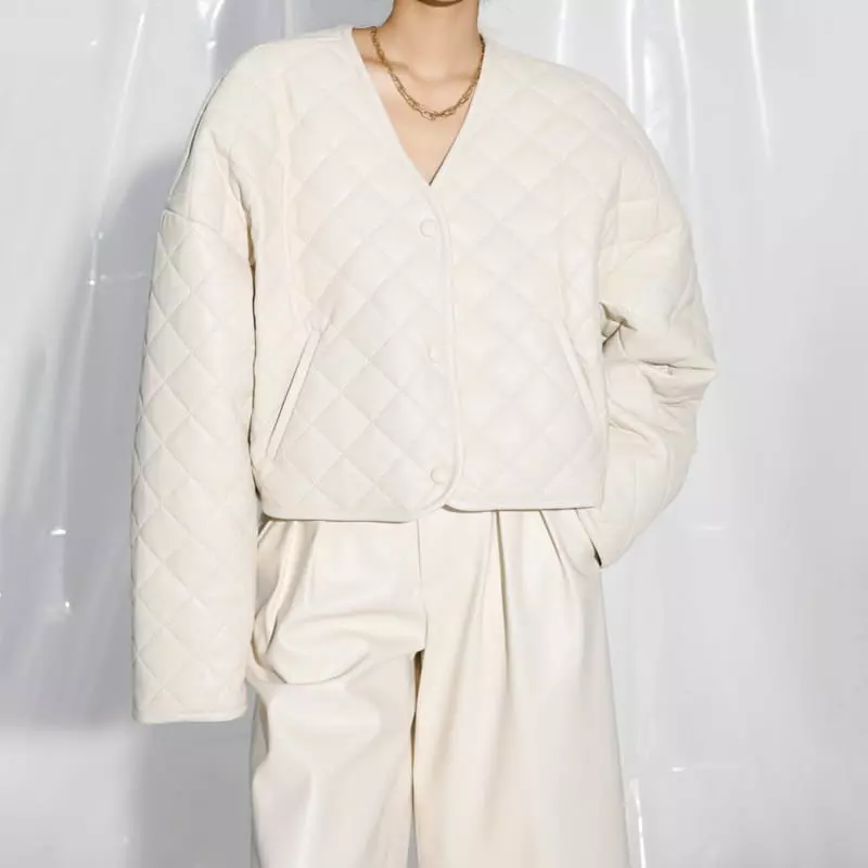 Paper Moon - Korean Women Fashion - #momslook - vegan leather button detail quilted cropped jacket