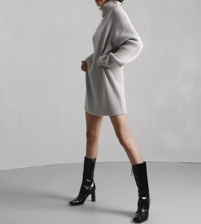 Paper Moon - Korean Women Fashion - #momslook - turtle neck ribbed knit mini dress - 2