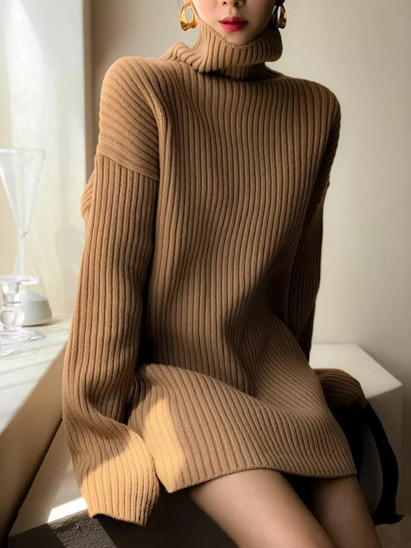 Paper Moon - Korean Women Fashion - #momslook - turtle neck ribbed knit mini dress - 3
