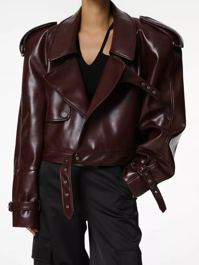 Paper Moon - Korean Women Fashion - #momslook - belted buckle detail chunky cropped leather trench jacket - 7