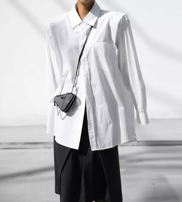 Paper Moon - Korean Women Fashion - #womensfashion - maxi oversized padded shoulder cotton button down shirt - 4