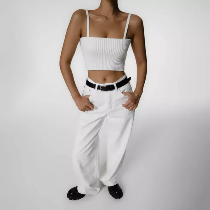 Paper Moon - Korean Women Fashion - #momslook - cropped ribbed strap shoulder knit top