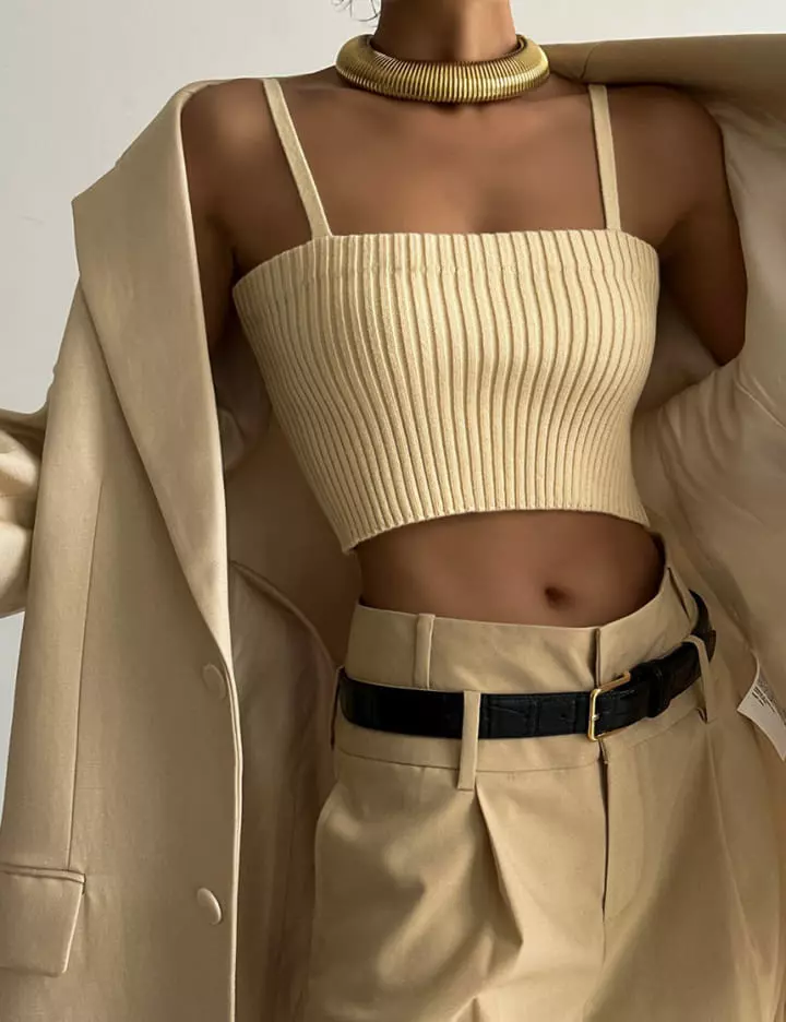 Paper Moon - Korean Women Fashion - #momslook - cropped ribbed strap shoulder knit top - 9