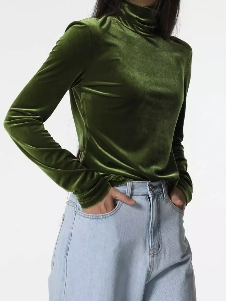 Paper Moon - Korean Women Fashion - #momslook - velvet highneck long sleeved top - 9