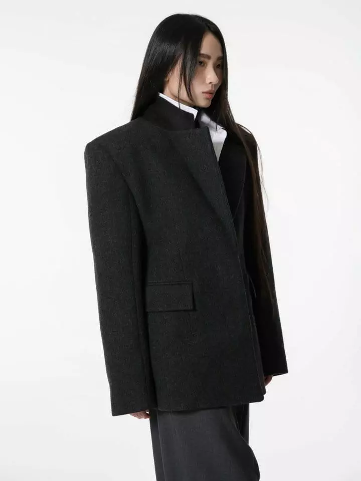 Paper Moon - Korean Women Fashion - #momslook - LUX padded shoulder hidden button wool blazer