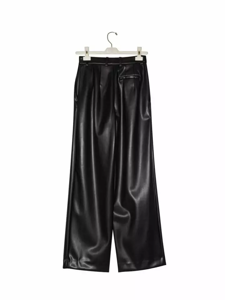 Paper Moon - Korean Women Fashion - #momslook - leather low waisted double pleats wide trousers - 6