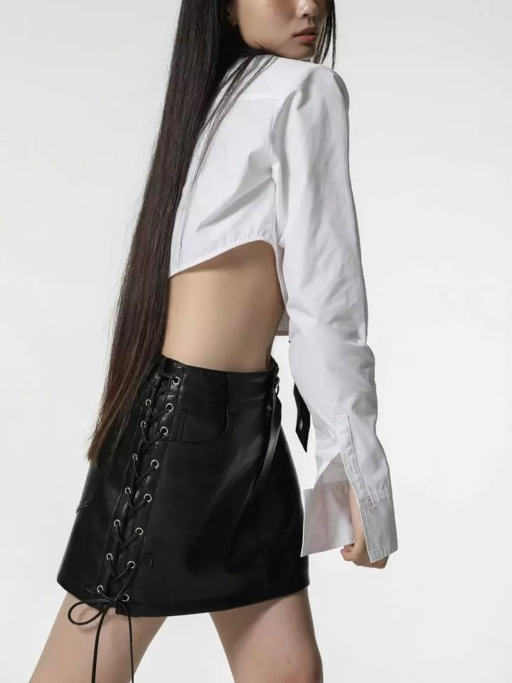 Paper Moon - Korean Women Fashion - #momslook - eyelet strap detail vegan leather mini skirt - 5