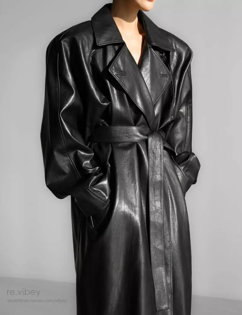 Paper Moon - Korean Women Fashion - #restrostyle - padded shoulder oversized vegan leather maxi trench coat - 7