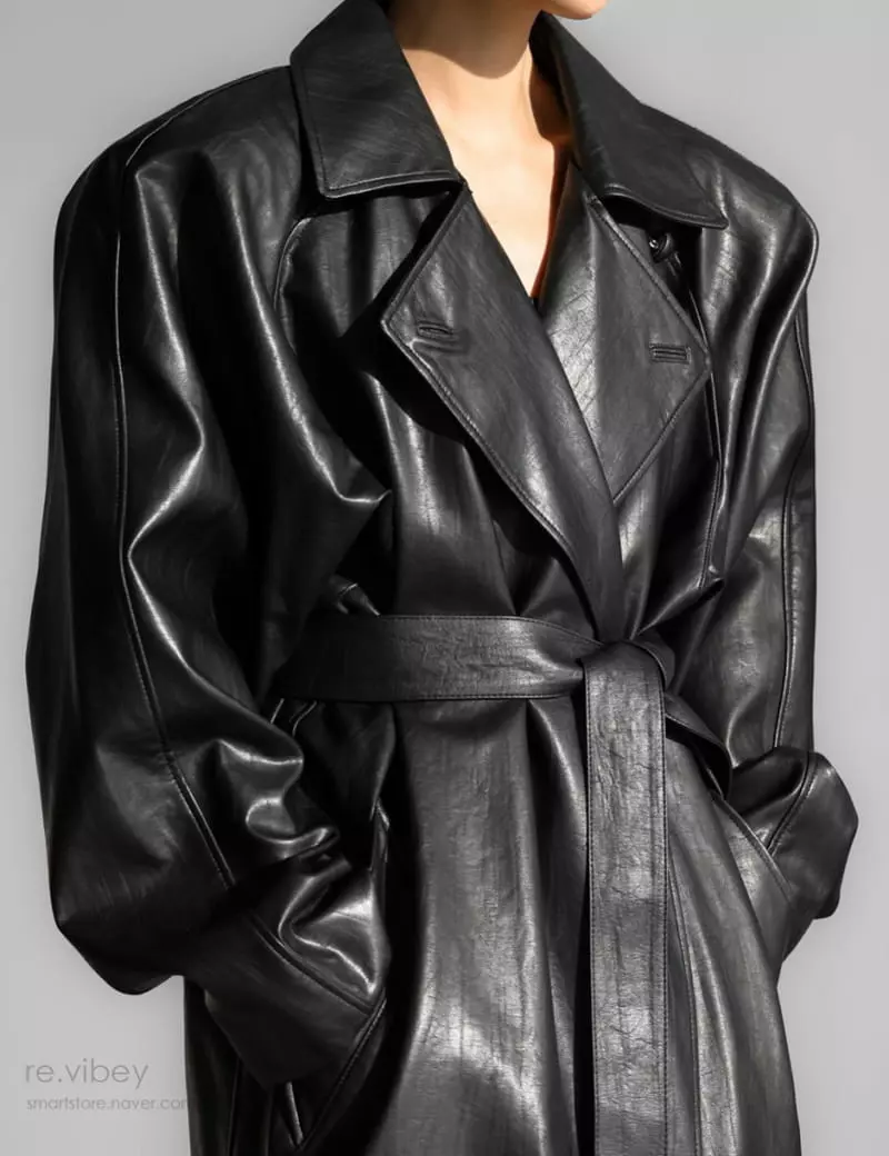 Paper Moon - Korean Women Fashion - #romanticstyle - padded shoulder oversized vegan leather maxi trench coat - 8