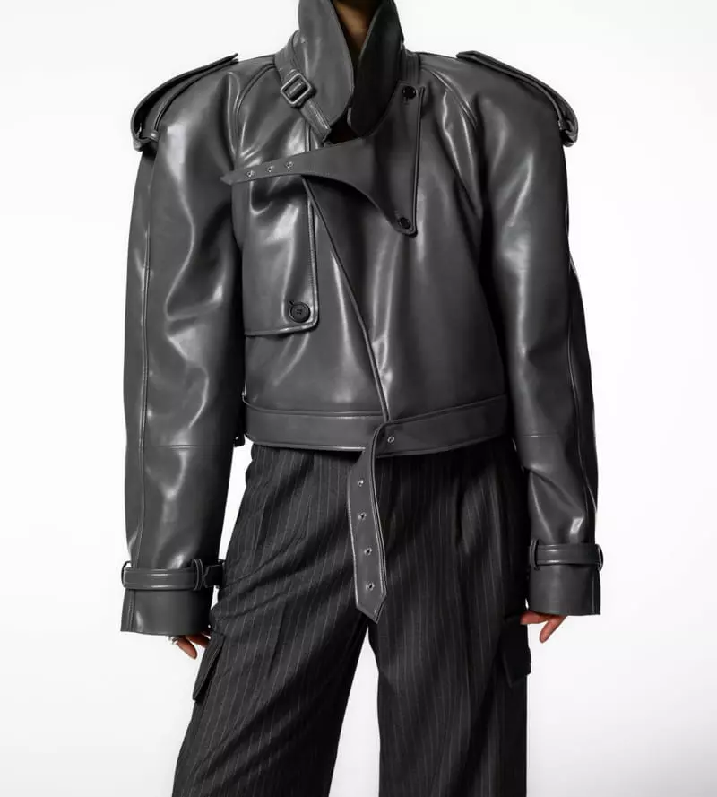 Paper Moon - Korean Women Fashion - #thatsdarling - belted buckle detail chunky cropped leather trench jacket - 4