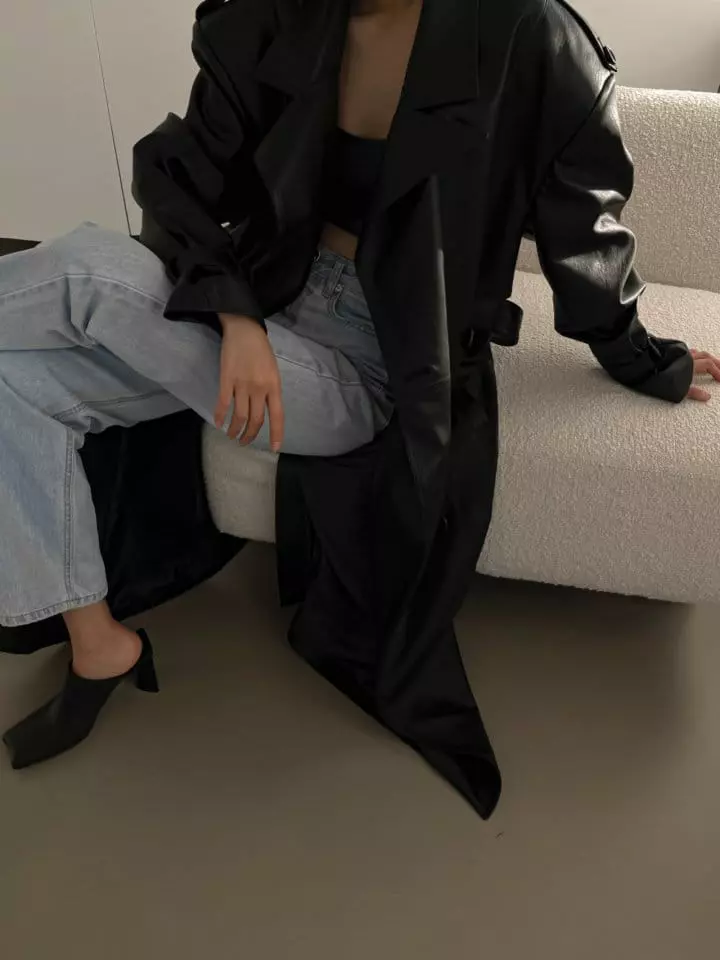 Paper Moon - Korean Women Fashion - #vintageinspired - oversized double breasted vegan leather trench coat