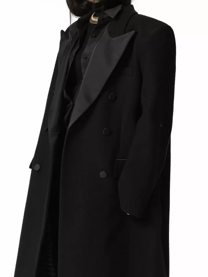 Paper Moon - Korean Women Fashion - #vintageinspired - LUX Tuxedo satin peaked lapel tweed double breasted coat  - 2
