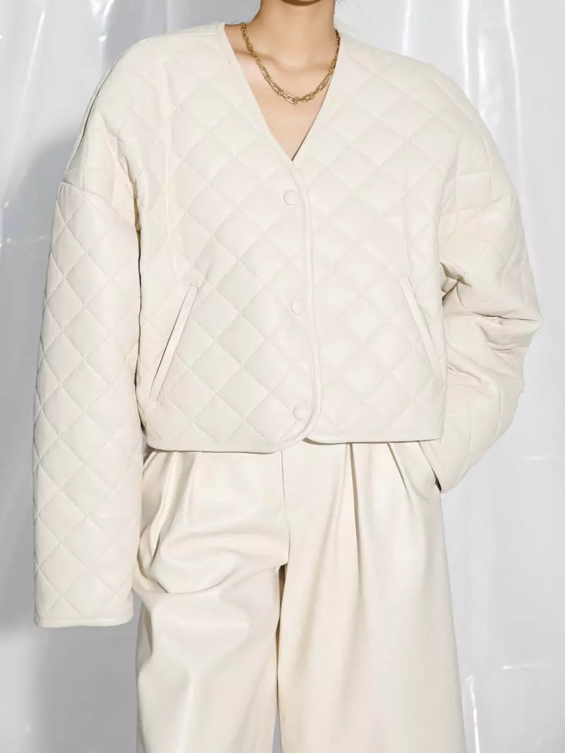 Paper Moon - Korean Women Fashion - #womensfashion - vegan leather button detail quilted cropped jacket - 2