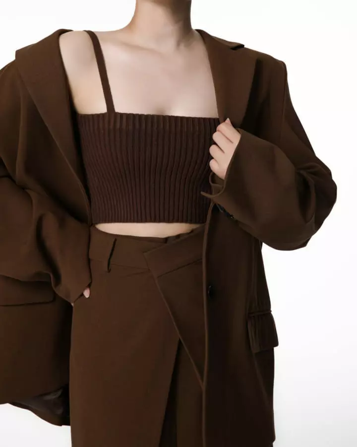 Paper Moon - Korean Women Fashion - #womensfashion - cropped ribbed strap shoulder knit top - 2
