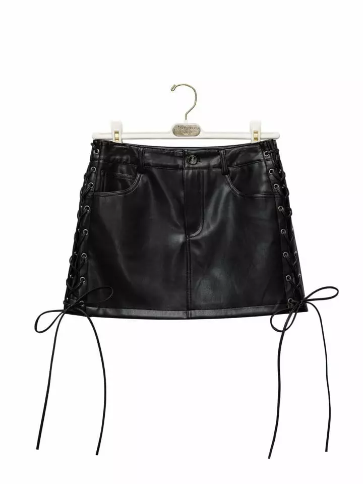 Paper Moon - Korean Women Fashion - #womensfashion - eyelet strap detail vegan leather mini skirt - 10