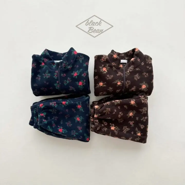 Black Bean - Korean Children Fashion - #discoveringself - Floral Fleece Top Bottom Set - 3