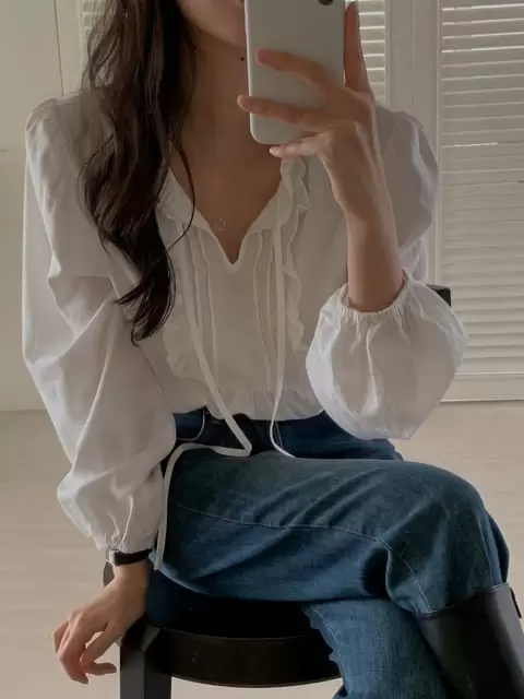 Dress Room - Korean Women Fashion - #romanticstyle - Cow Frill Blouse - 7