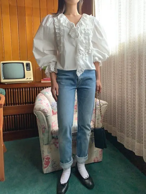 Jkichi - Korean Women Fashion - #momslook - Eyelet Frill Shirt