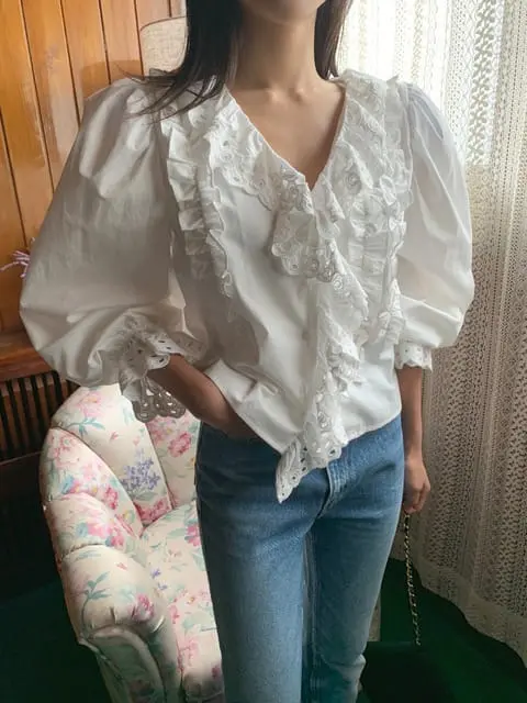 Jkichi - Korean Women Fashion - #momslook - Eyelet Frill Shirt - 2