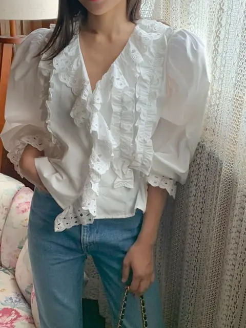 Jkichi - Korean Women Fashion - #momslook - Eyelet Frill Shirt - 3