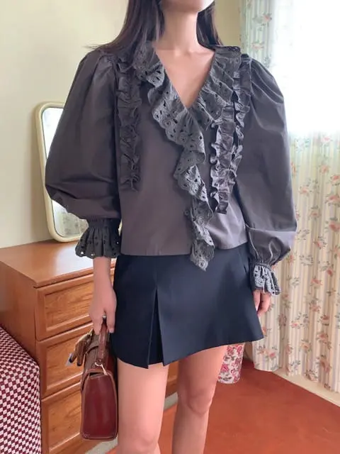 Jkichi - Korean Women Fashion - #romanticstyle - Eyelet Frill Shirt - 9