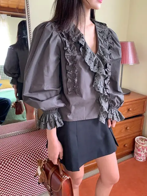 Jkichi - Korean Women Fashion - #shopsmall - Eyelet Frill Shirt - 10