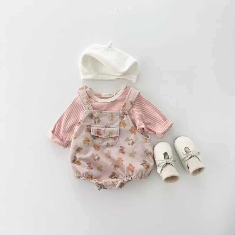 Oott Bebe - Korean Baby Fashion - #onlinebabyshop - Bear Friend Dungarees Bodysuit - 4