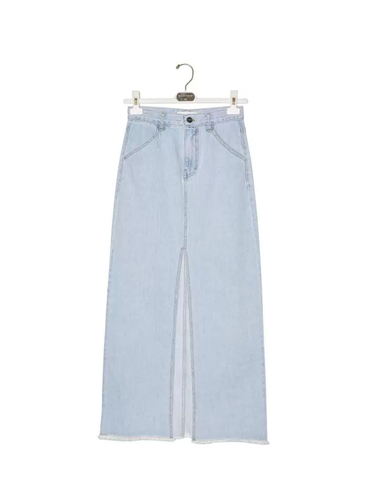 Paper Moon - Korean Women Fashion - #womensfashion - iced blue maxi front slit flared denim skirt - 4
