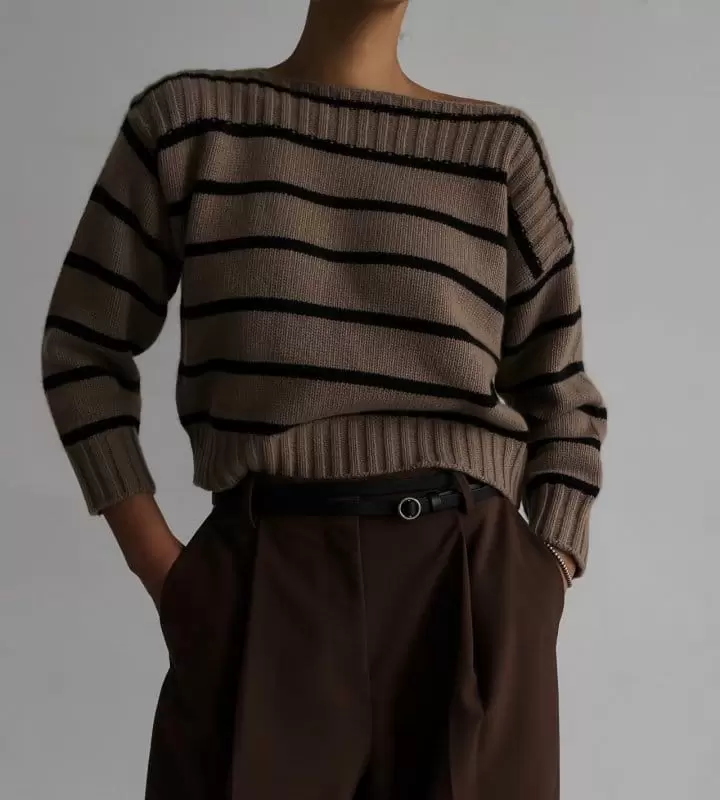 Paper Moon - Korean Women Fashion - #momslook - boatneck striped cashmere knit top - 7
