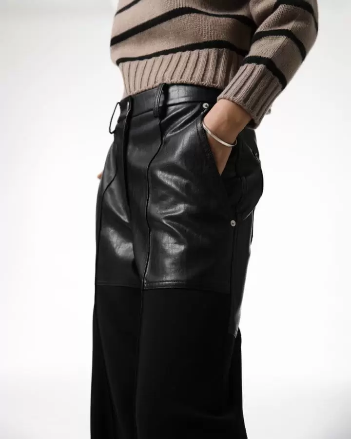 Paper Moon - Korean Women Fashion - #womensfashion - lambskin touch bi fabric wide trousers - 4