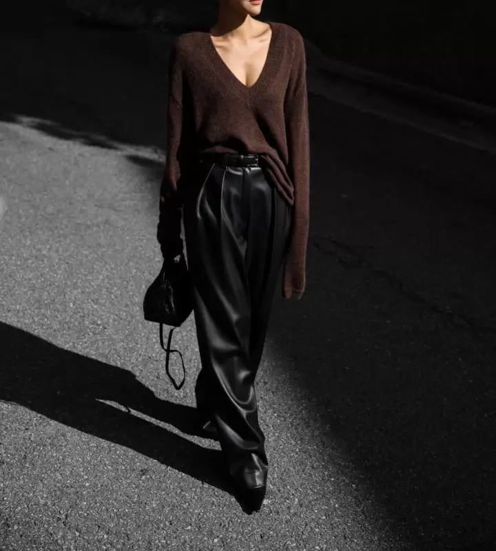 Paper Moon - Korean Women Fashion - #momslook - leather low waisted double pleats wide trousers