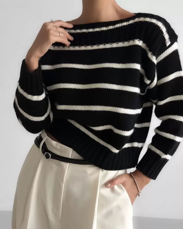 Paper Moon - Korean Women Fashion - #pursuepretty - boatneck striped cashmere knit top