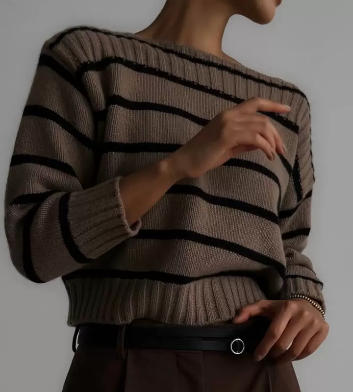 Paper Moon - Korean Women Fashion - #romanticstyle - boatneck striped cashmere knit top - 4