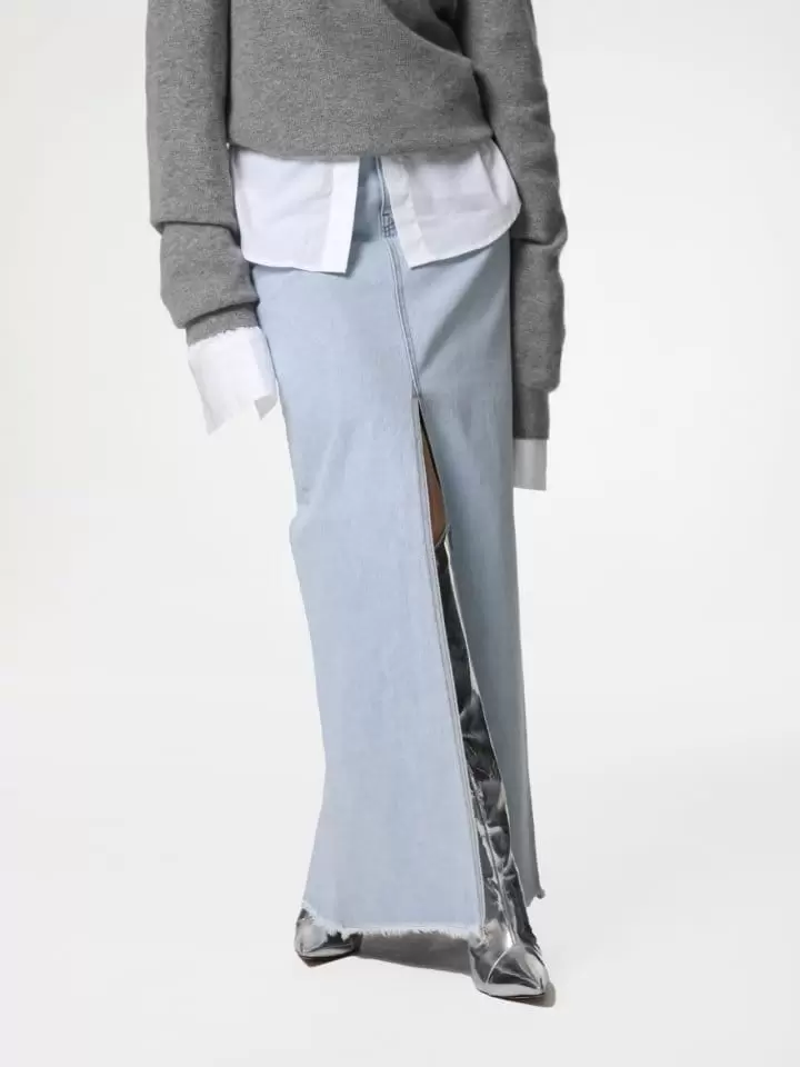 Paper Moon - Korean Women Fashion - #womensfashion - iced blue maxi front slit flared denim skirt - 3
