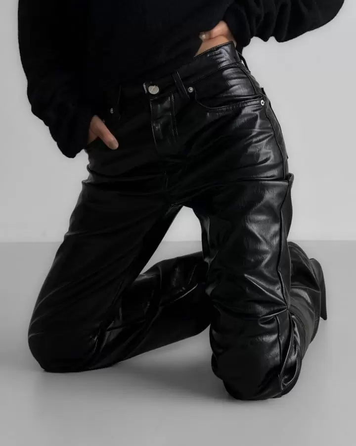 Paper Moon - Korean Women Fashion - #womensfashion - patent vegan leather coated straight pants - 5