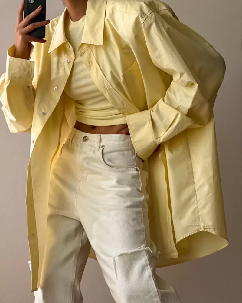Paper Moon - Korean Women Fashion - #womensfashion - maxi oversized padded shoulder cotton button down shirt - 7
