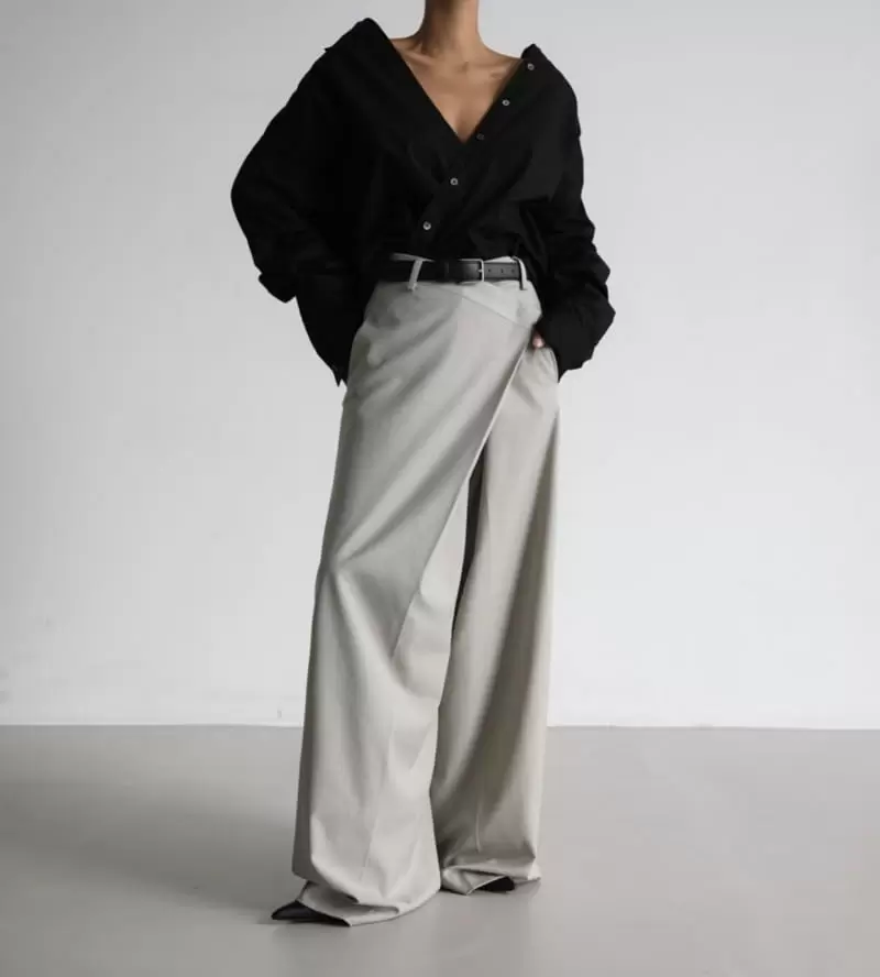 Paper Moon - Korean Women Fashion - #momslook - asymmetry pin tuck wide maxi trousers - 4