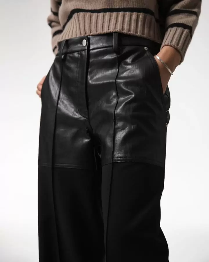 Paper Moon - Korean Women Fashion - #womensfashion - lambskin touch bi fabric wide trousers - 5