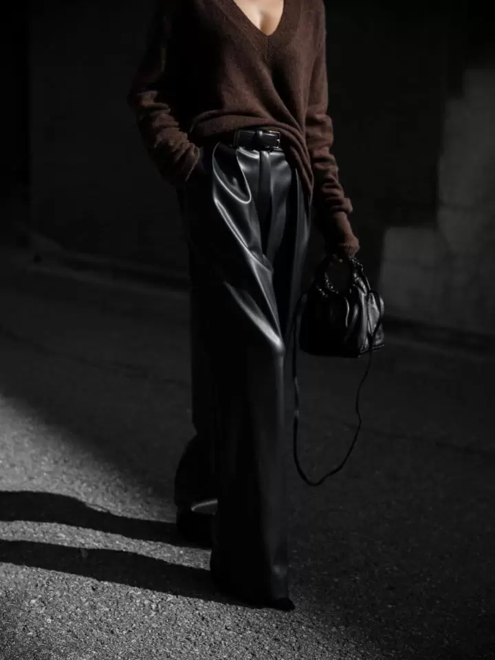 Paper Moon - Korean Women Fashion - #womensfashion - leather low waisted double pleats wide trousers - 2