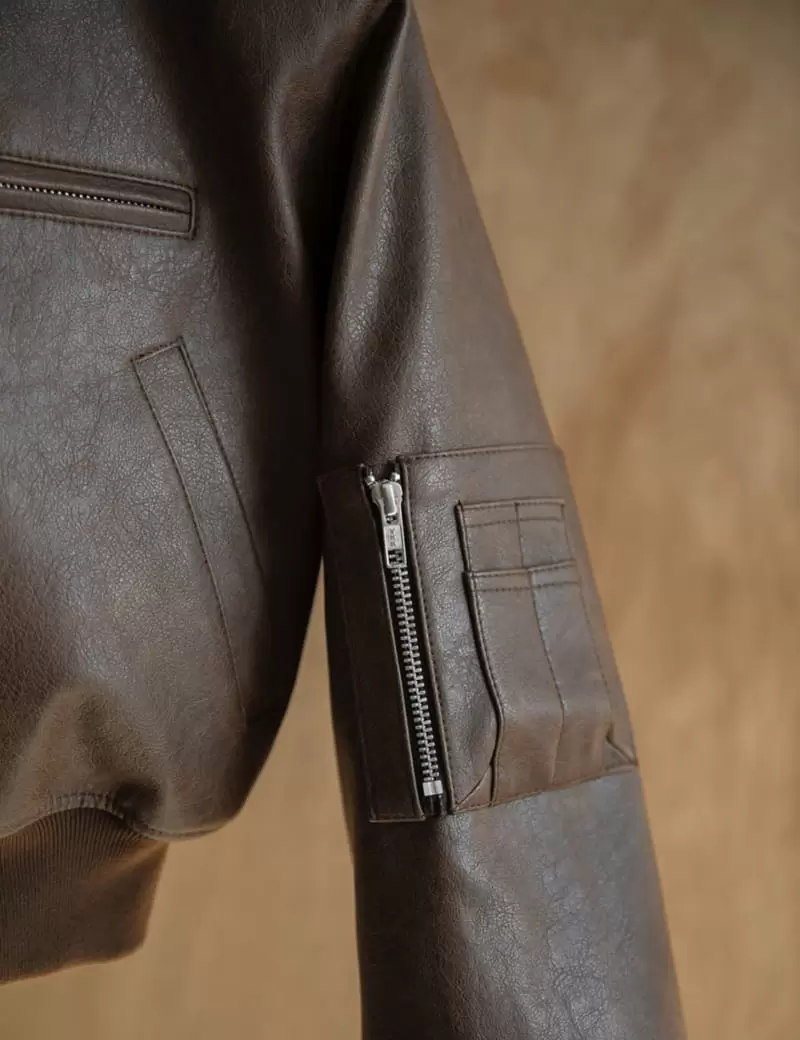 Paper Moon - Korean Women Fashion - #womensfashion - vegan leather cropped full  up bomber jacket - 11