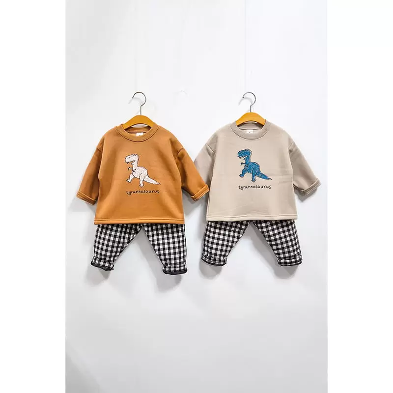 Raykids - Korean Children Fashion - #Kfashion4kids - 2Do Dino Check Top Bottom Set - 2