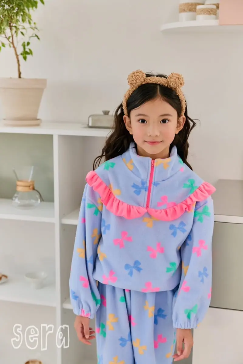 Sera - Korean Children Fashion - #kidsshorts - Print Frill Zip-up Fleece Top Bottom Set - 3
