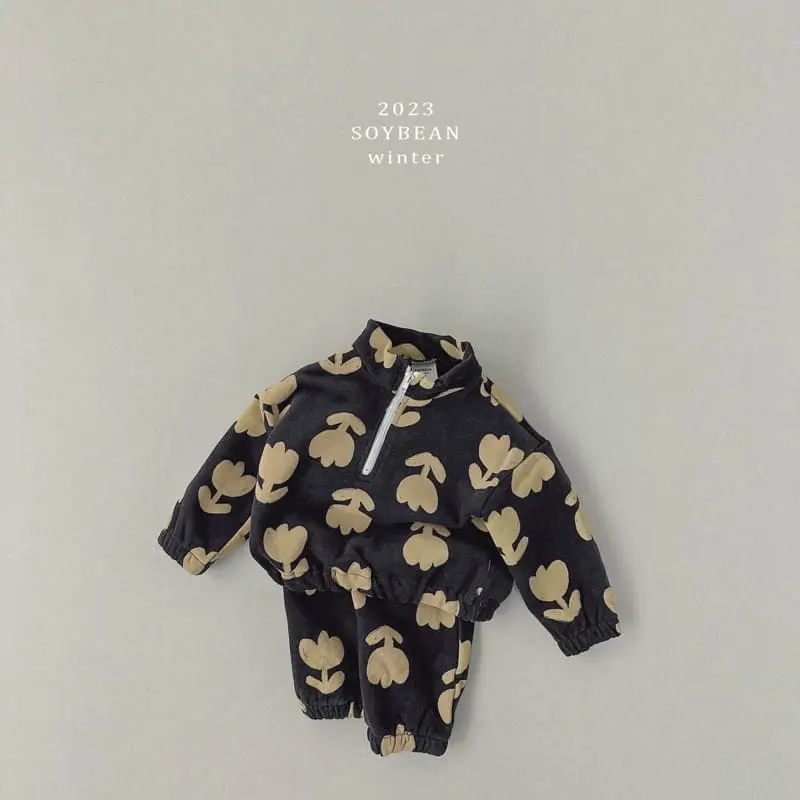 Soybean - Korean Children Fashion - #kidzfashiontrend - Fleece Flower Half Zip-up Top Bottom Set - 4