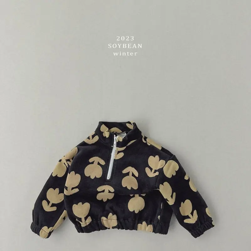 Soybean - Korean Children Fashion - #childofig - Fleece Flower Half Zip-up Top Bottom Set - 9