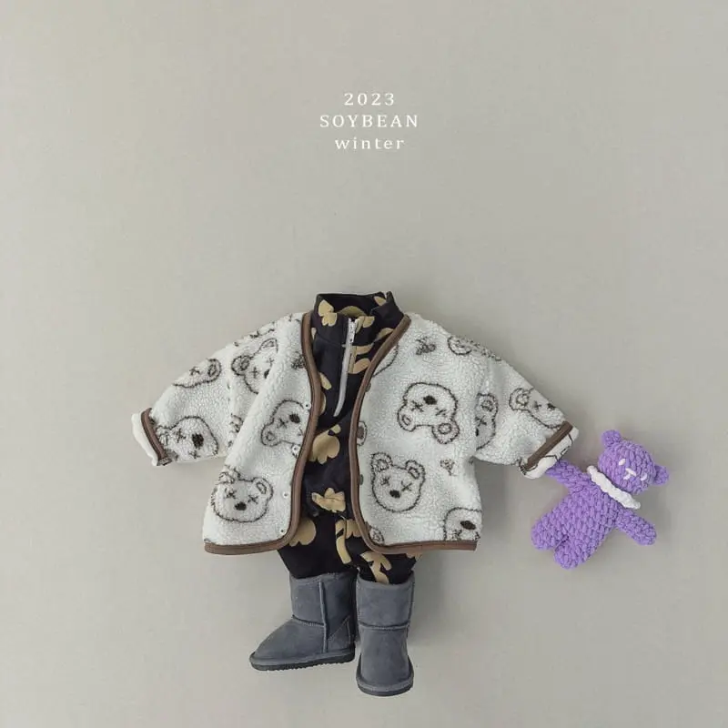Soybean - Korean Children Fashion - #designkidswear - Fleece Flower Half Zip-up Top Bottom Set - 12